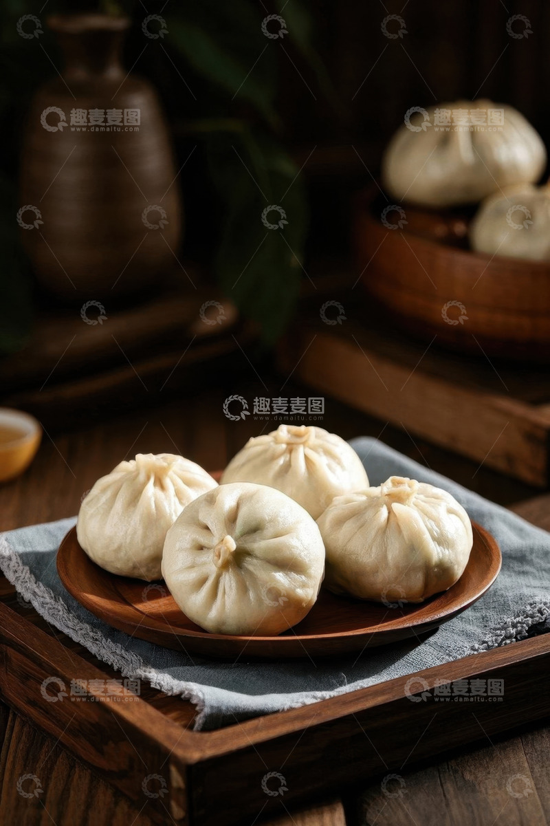 高清大图下载【趣麦麦图】木盘上摆放的新鲜包子