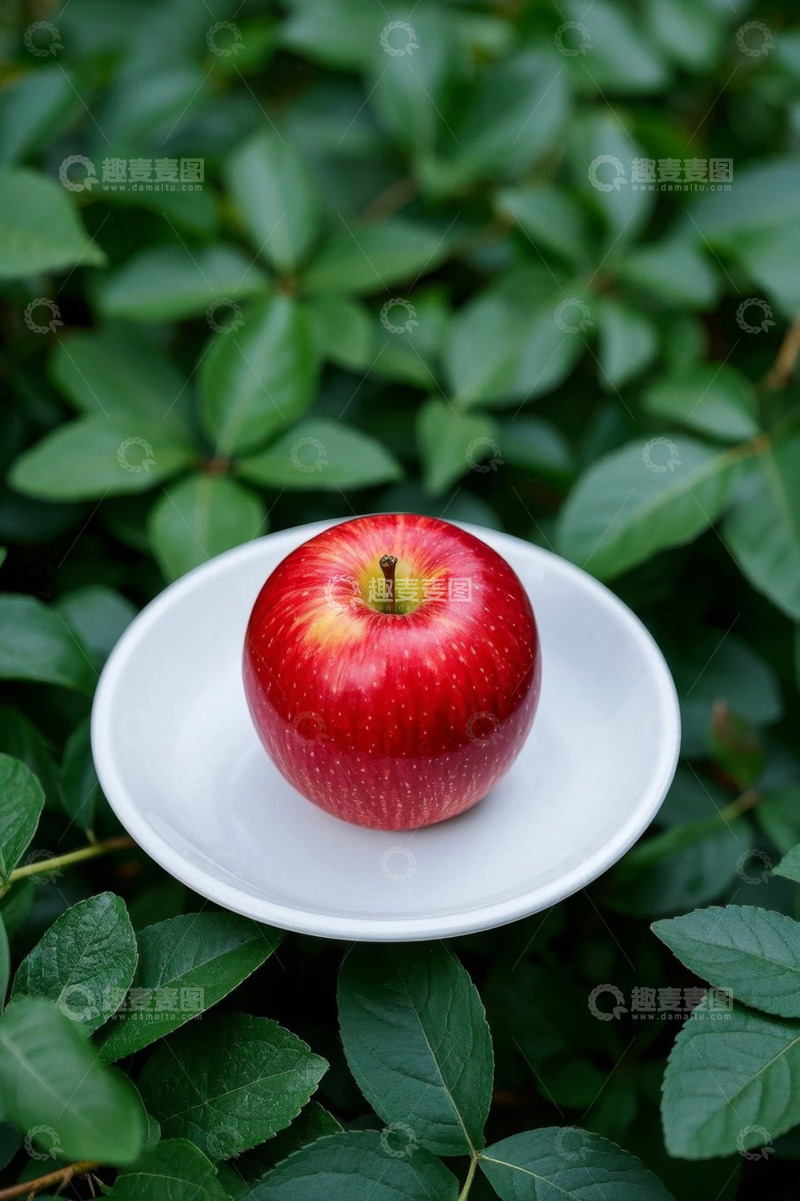 高清大图下载【趣麦麦图】绿叶背景上白盘盛放的红苹果