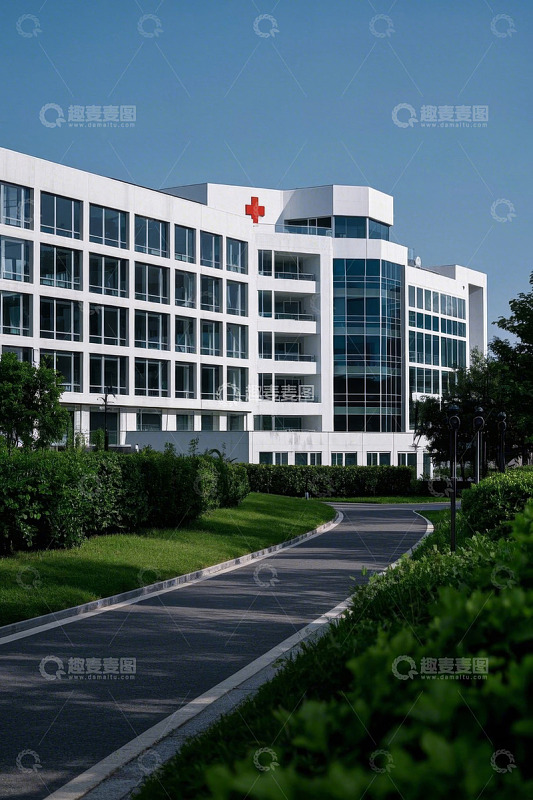 现代医院建筑外观及周边道路