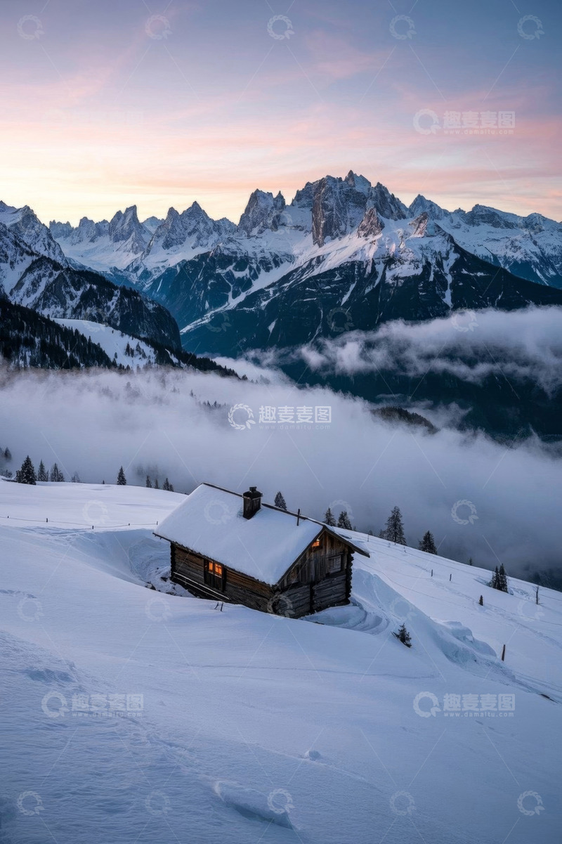 高清大图下载【趣麦麦图】雪山中被雪覆盖的小木屋景观