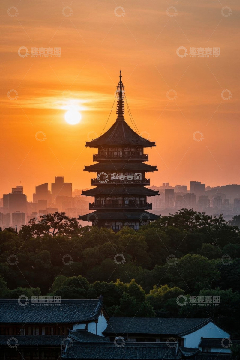 高清大图下载【趣麦麦图】-夕阳下的古建筑与城市天际线