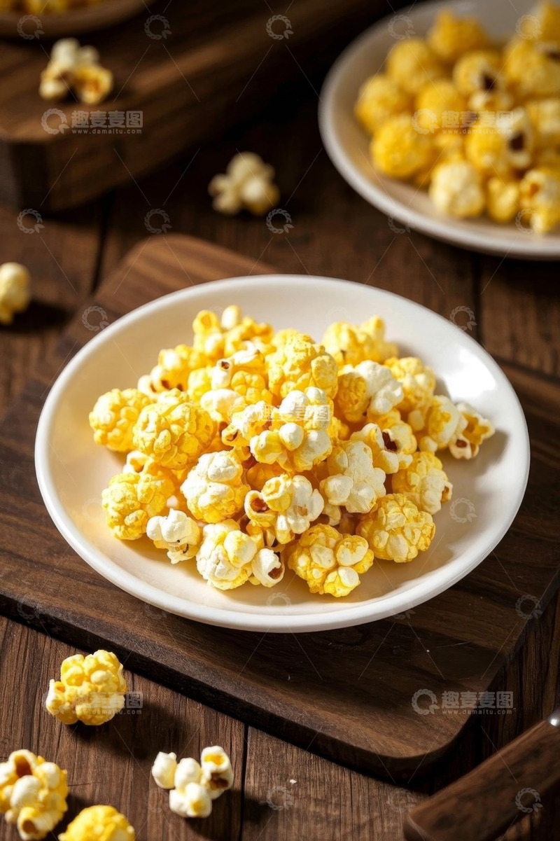 高清大图下载【趣麦麦图】木桌上白盘盛放的爆米花