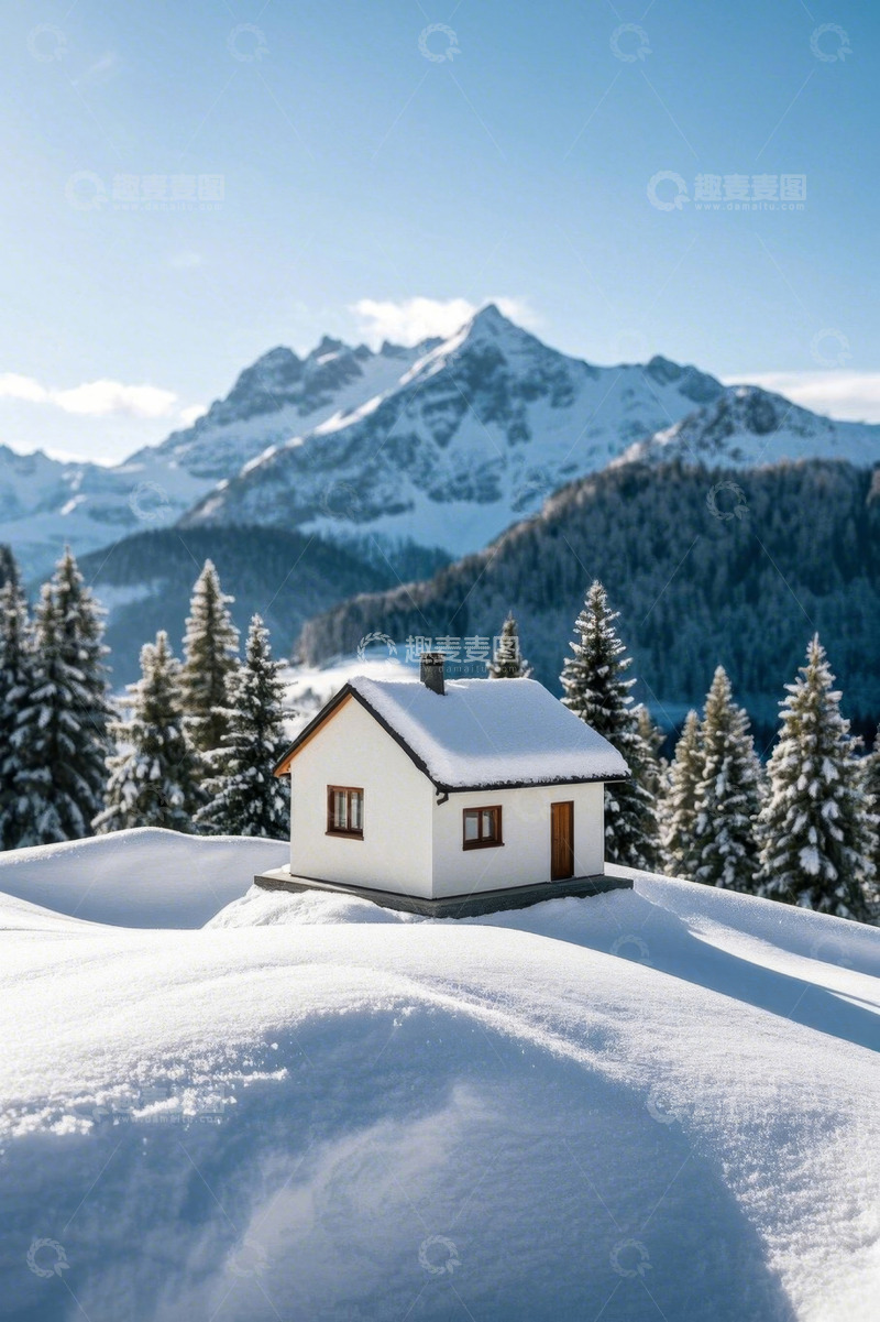 高清大图下载【趣麦麦图】雪山下被积雪覆盖的小屋