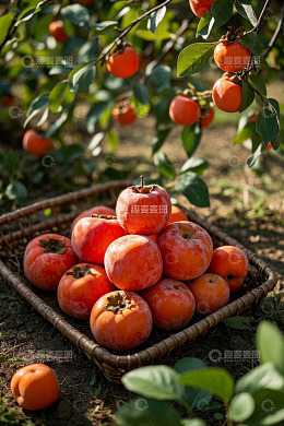 果园中篮子里盛放的成熟柿子