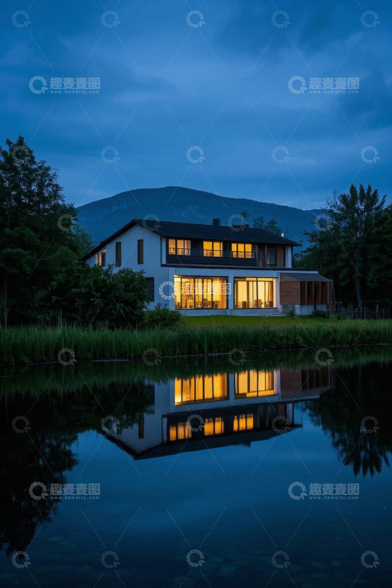 高清大图下载【趣麦麦图】湖畔夜景中的现代别墅