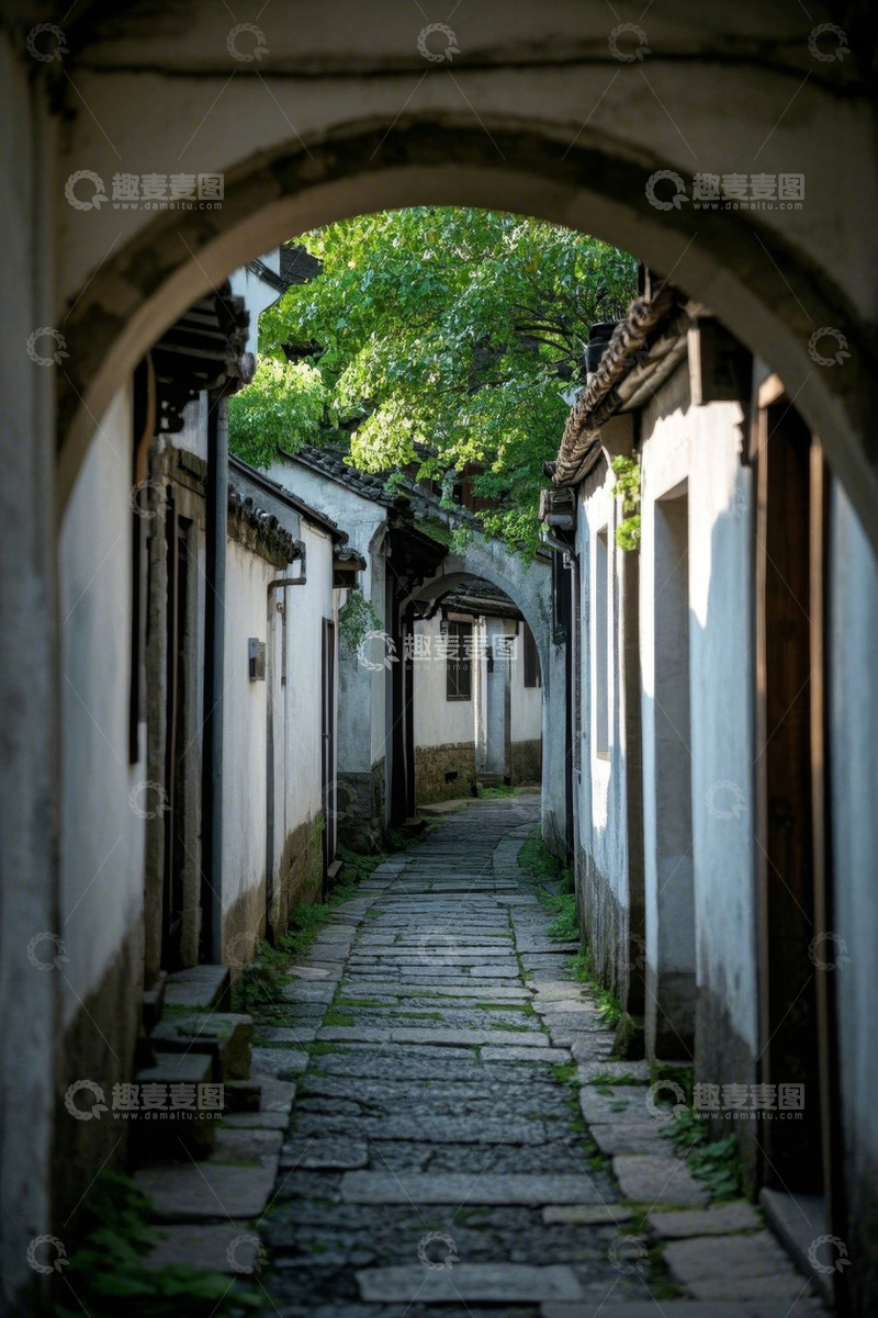 高清大图下载【趣麦麦图】古巷拱形门洞下的石板路风景