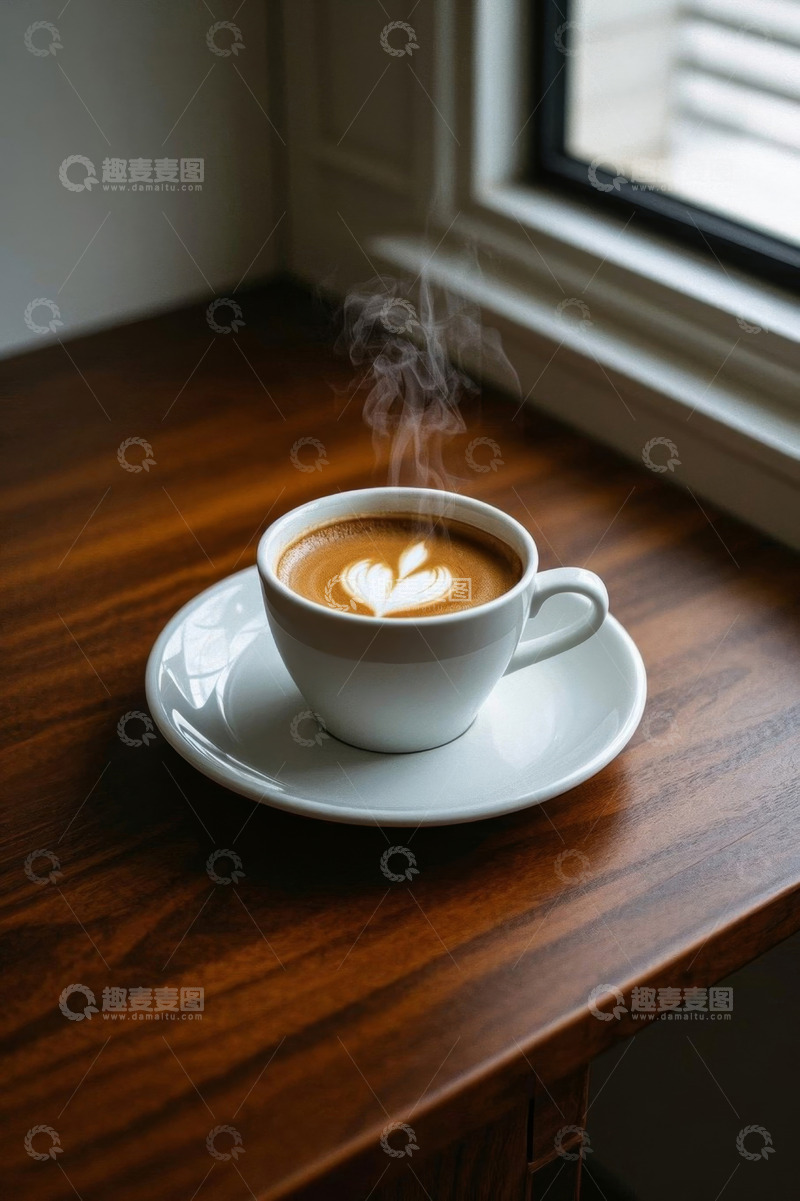 高清大图下载【趣麦麦图】窗边木桌上的热咖啡