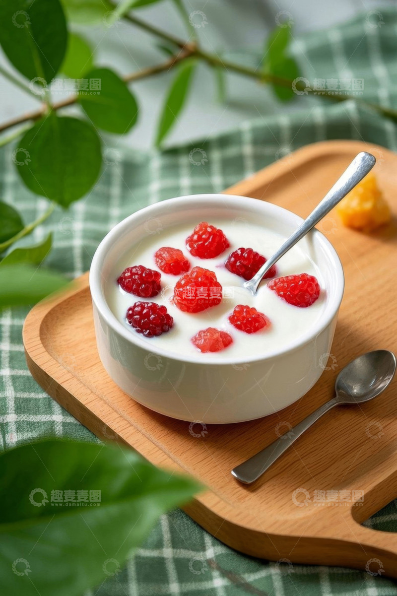 高清大图下载【趣麦麦图】木盘上的树莓酸奶静物