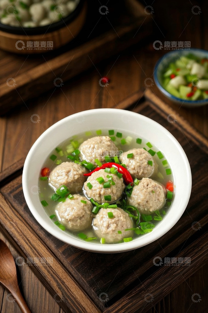 高清大图下载【趣麦麦图】木盘上碗装肉丸汤美食特写
