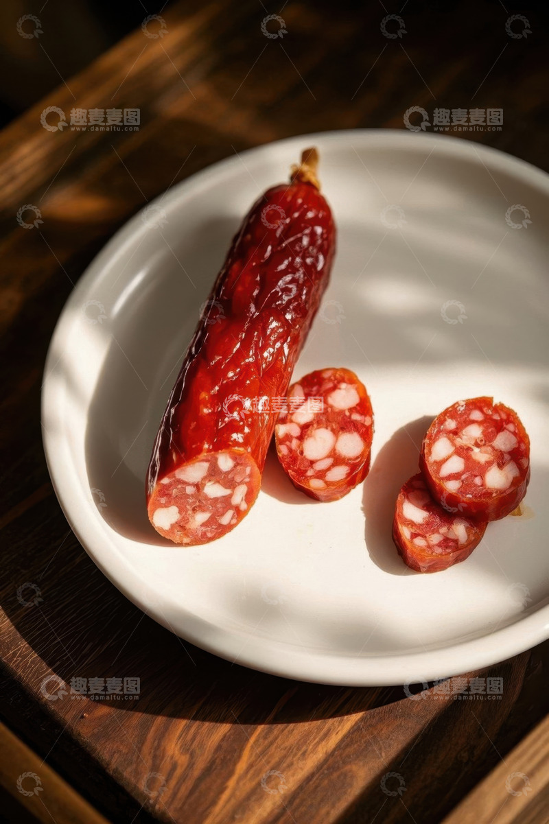 高清大图下载【趣麦麦图】白色盘子上的切片香肠