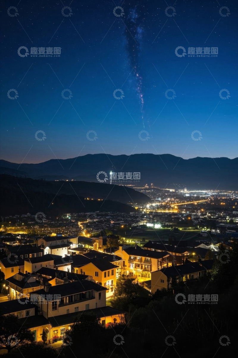 高清大图下载【趣麦麦图】夜晚小镇星空下的美丽景象