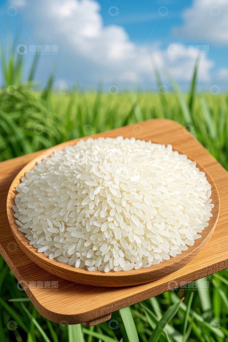 高清大图下载【趣麦麦图】木盘装盛的大米和稻田背景画面
