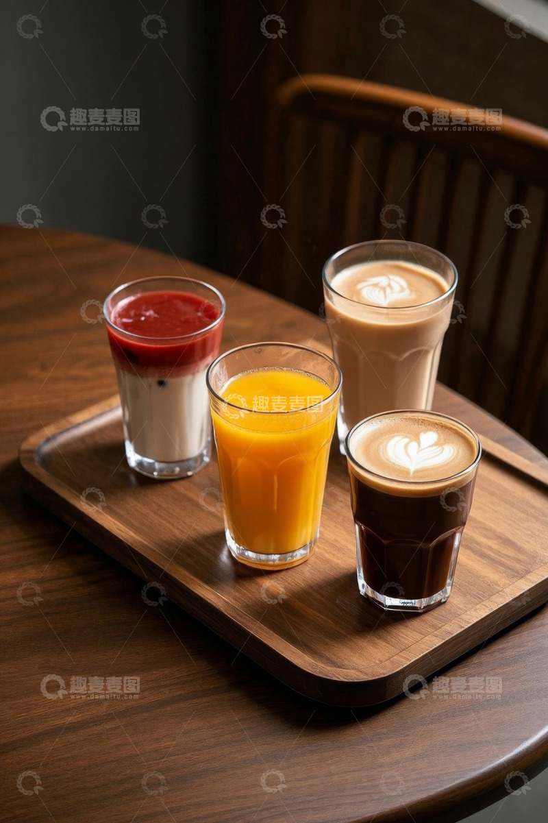 高清大图下载【趣麦麦图】木托盘上的多种饮品