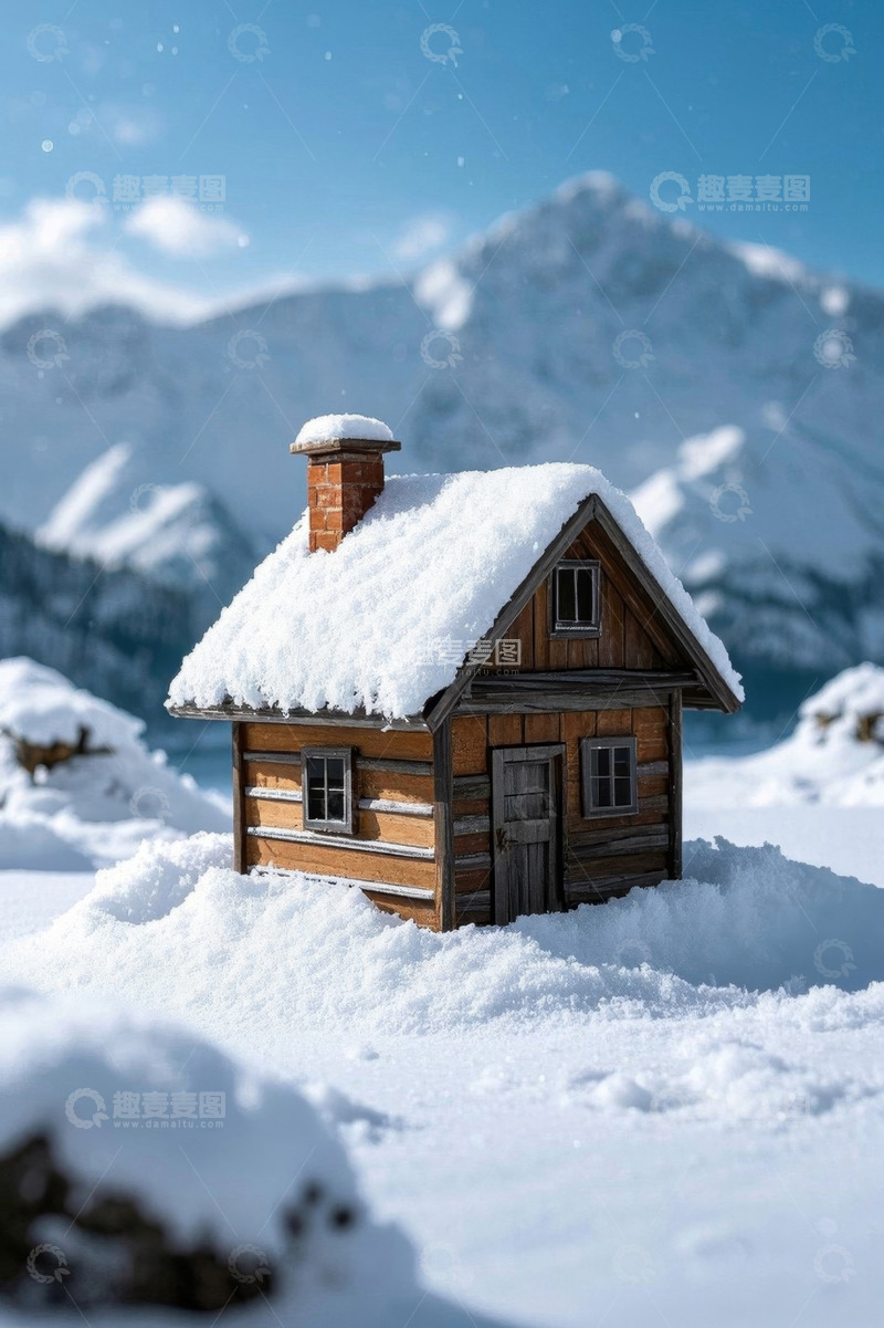 高清大图下载【趣麦麦图】雪中山间木屋雪景素材