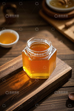 木托盘上的玻璃罐装蜂蜜