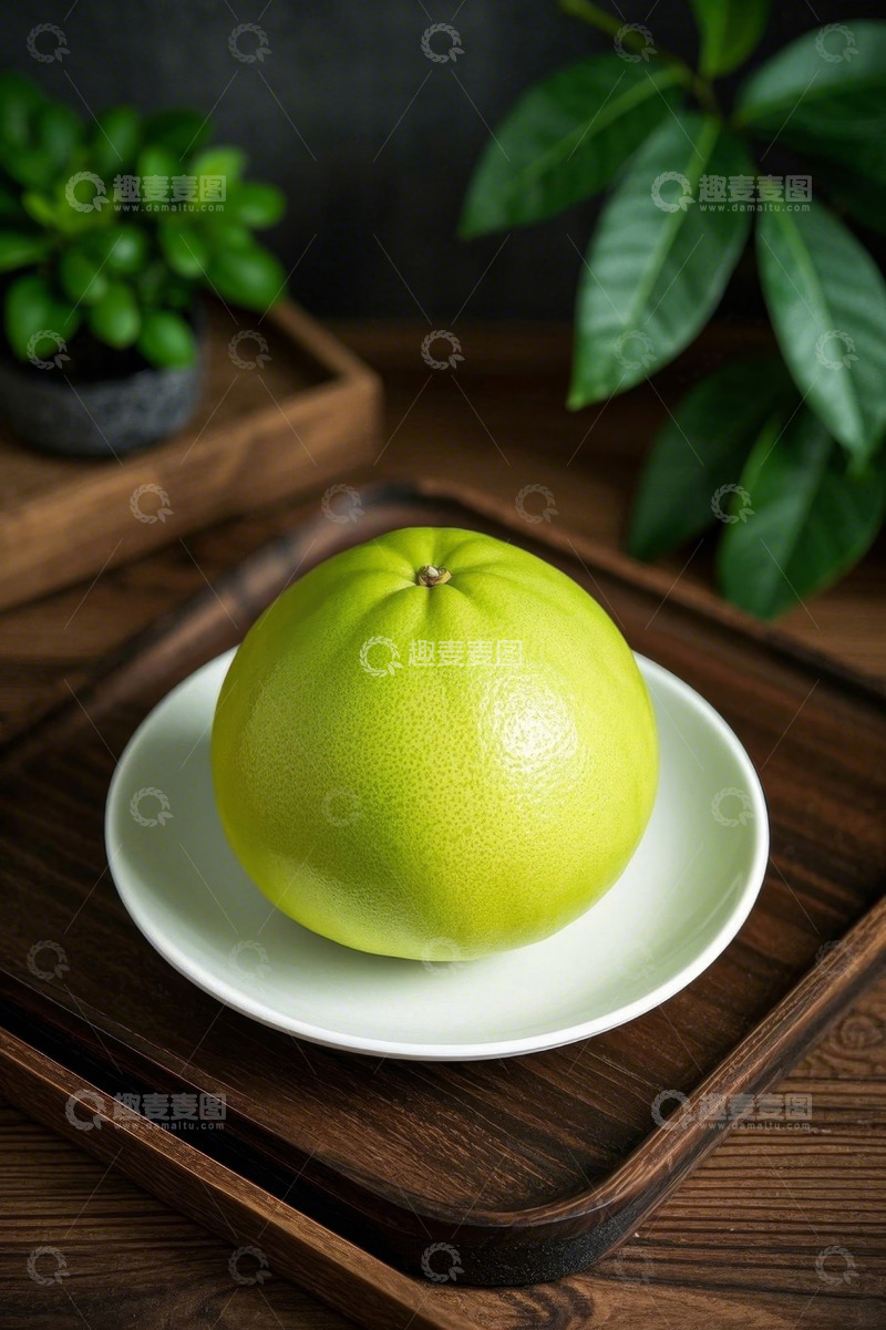 高清大图下载【趣麦麦图】木盘上的青皮葡萄柚静物