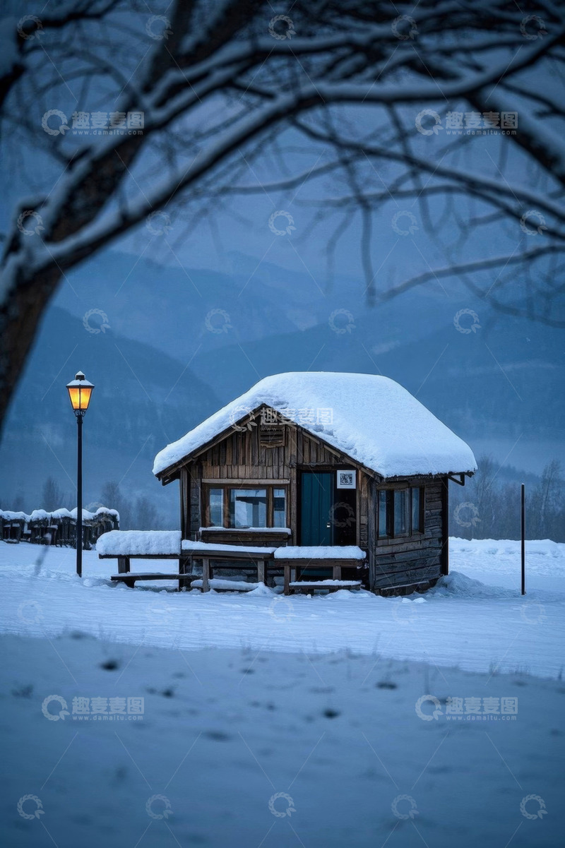高清大图下载【趣麦麦图】雪中小木屋与路灯景观