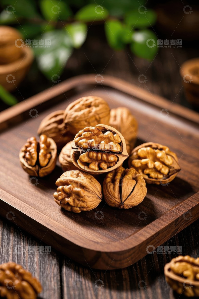 高清大图下载【趣麦麦图】木盘上摆放的核桃坚果素材