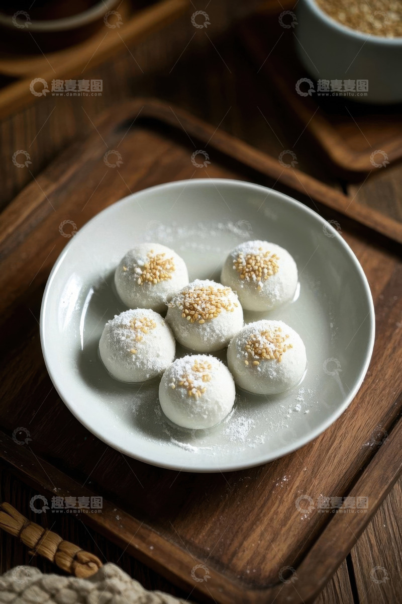 高清大图下载【趣麦麦图】木盘上撒芝麻的手工汤圆