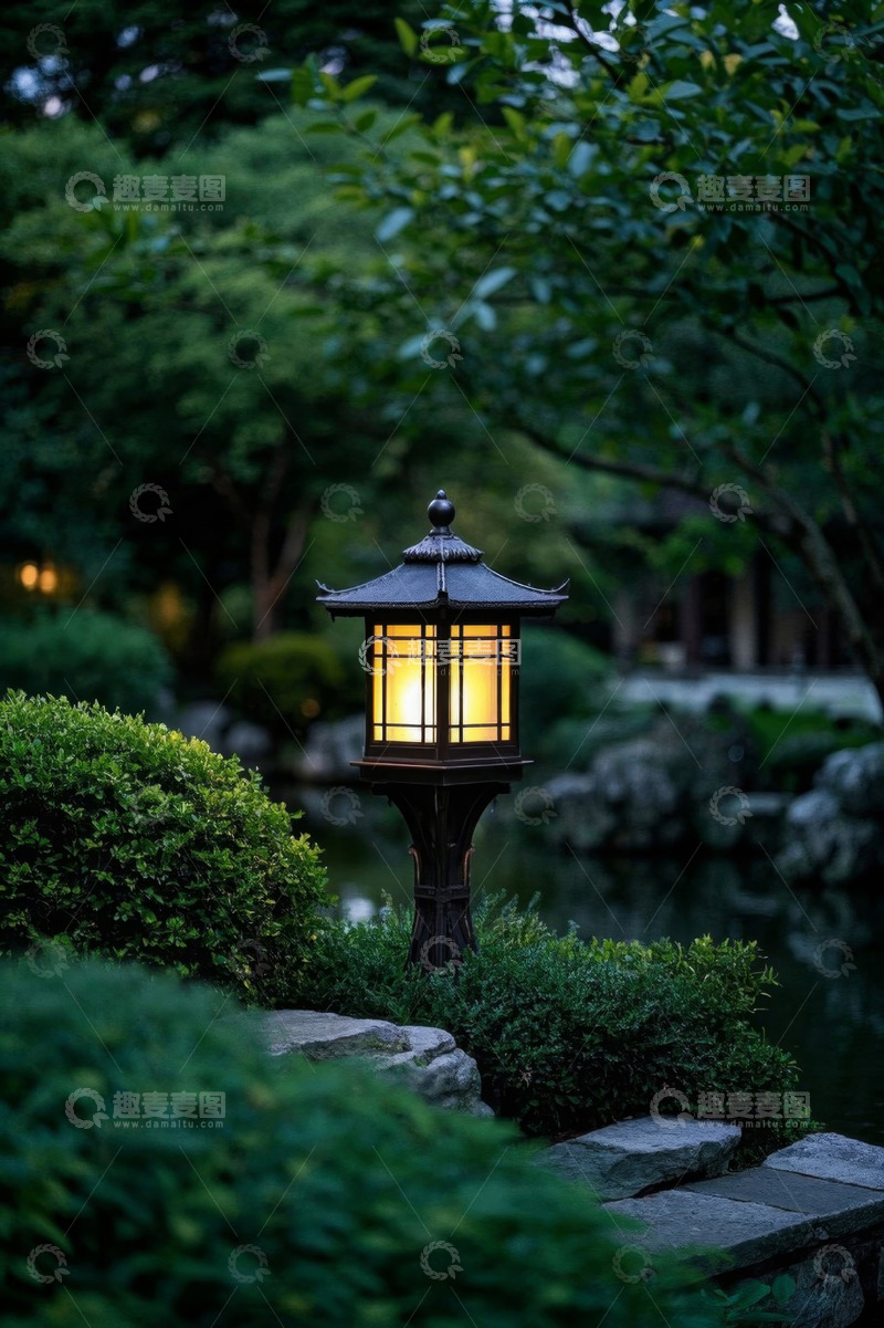 高清大图下载【趣麦麦图】园林中式路灯夜景