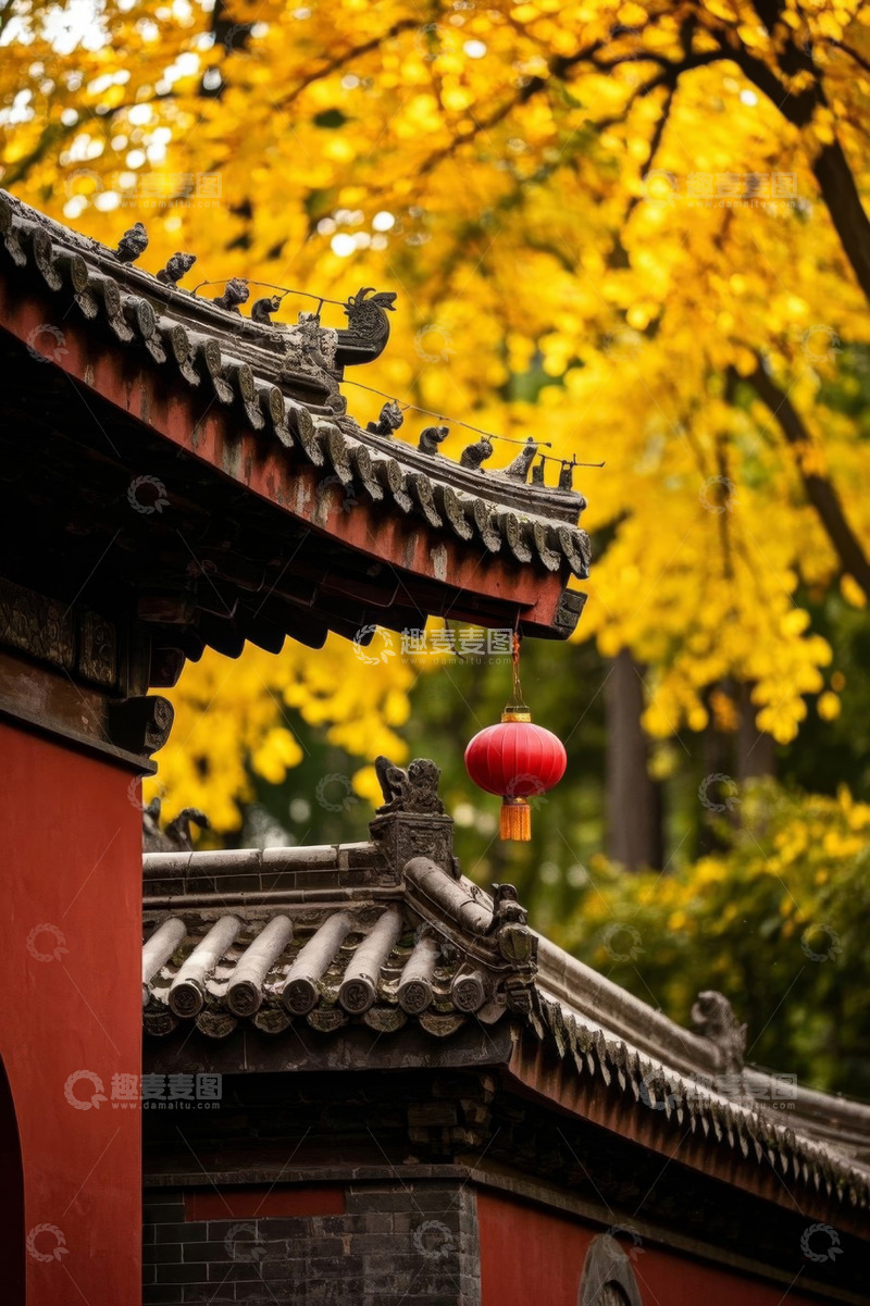 高清大图下载【趣麦麦图】古建筑旁金黄银杏与红灯笼