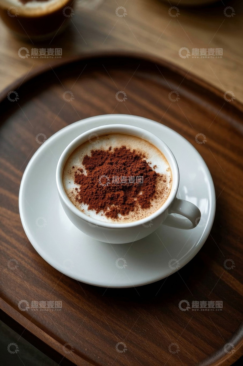 高清大图下载【趣麦麦图】木托盘上的一杯撒粉咖啡