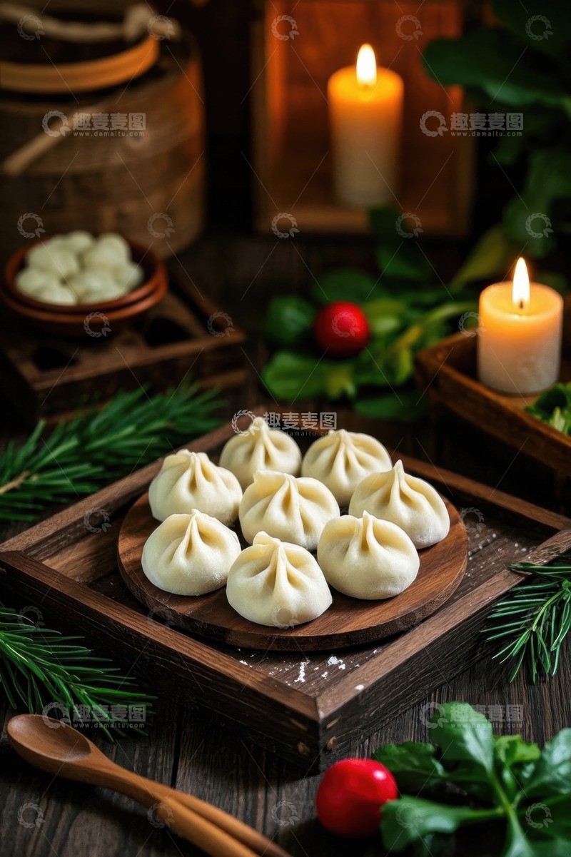 高清大图下载【趣麦麦图】木盘摆放的传统包子美食