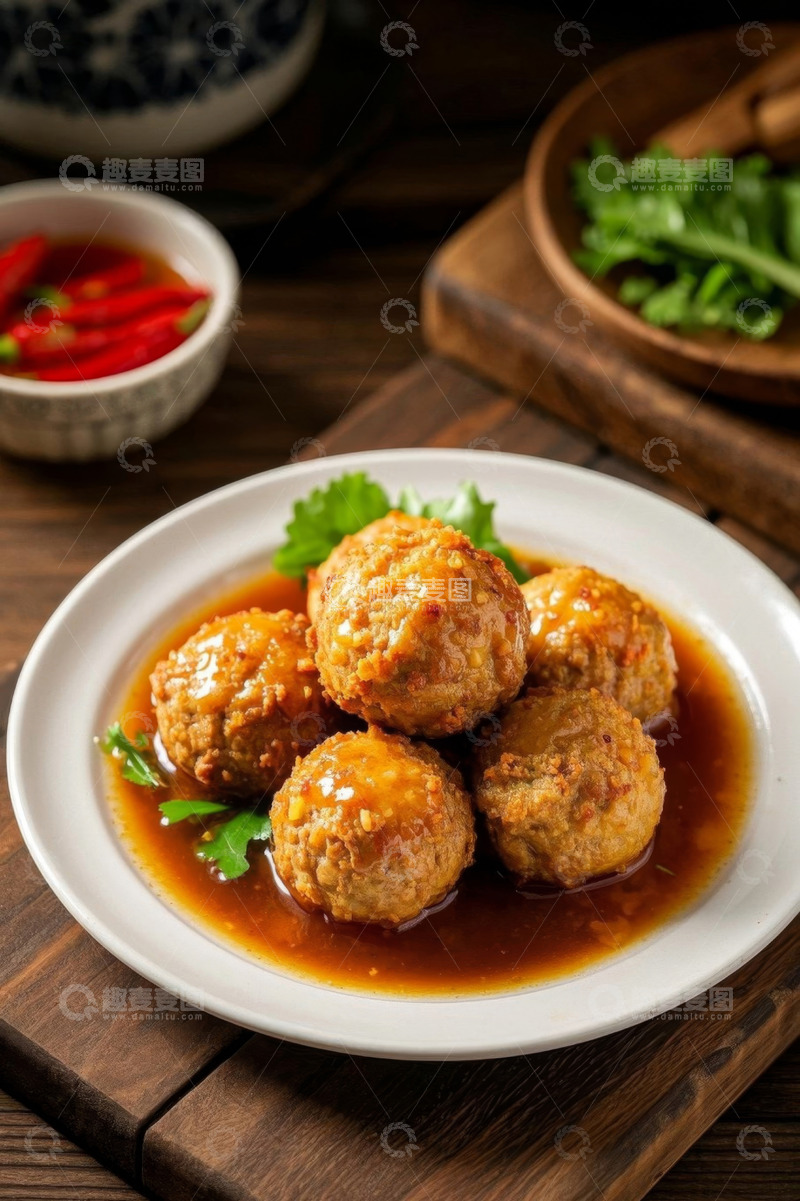 高清大图下载【趣麦麦图】盘中红烧狮子头美食特写