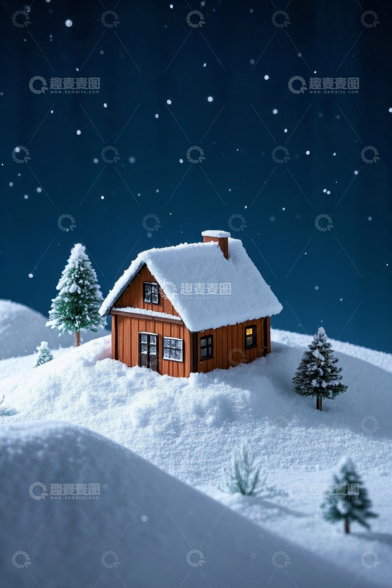 高清大图下载【趣麦麦图】雪夜中的木屋与松树景观