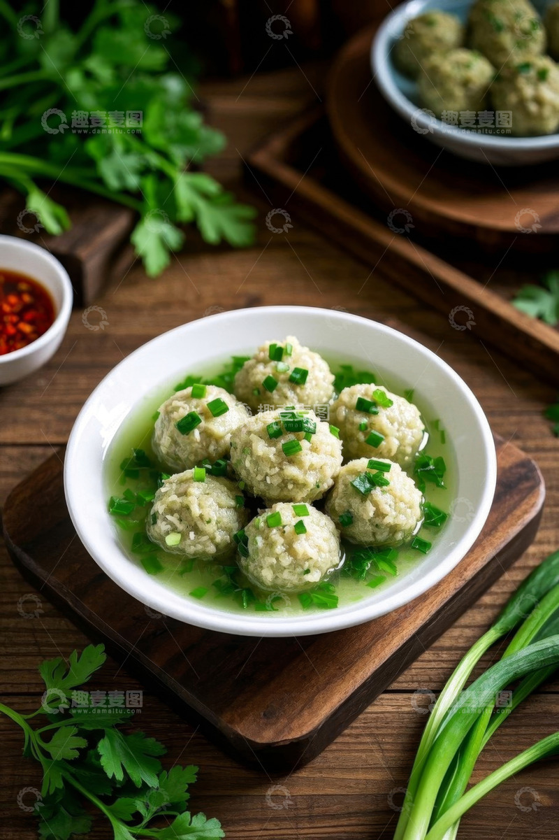 高清大图下载【趣麦麦图】碗装肉丸配葱花的美食画面