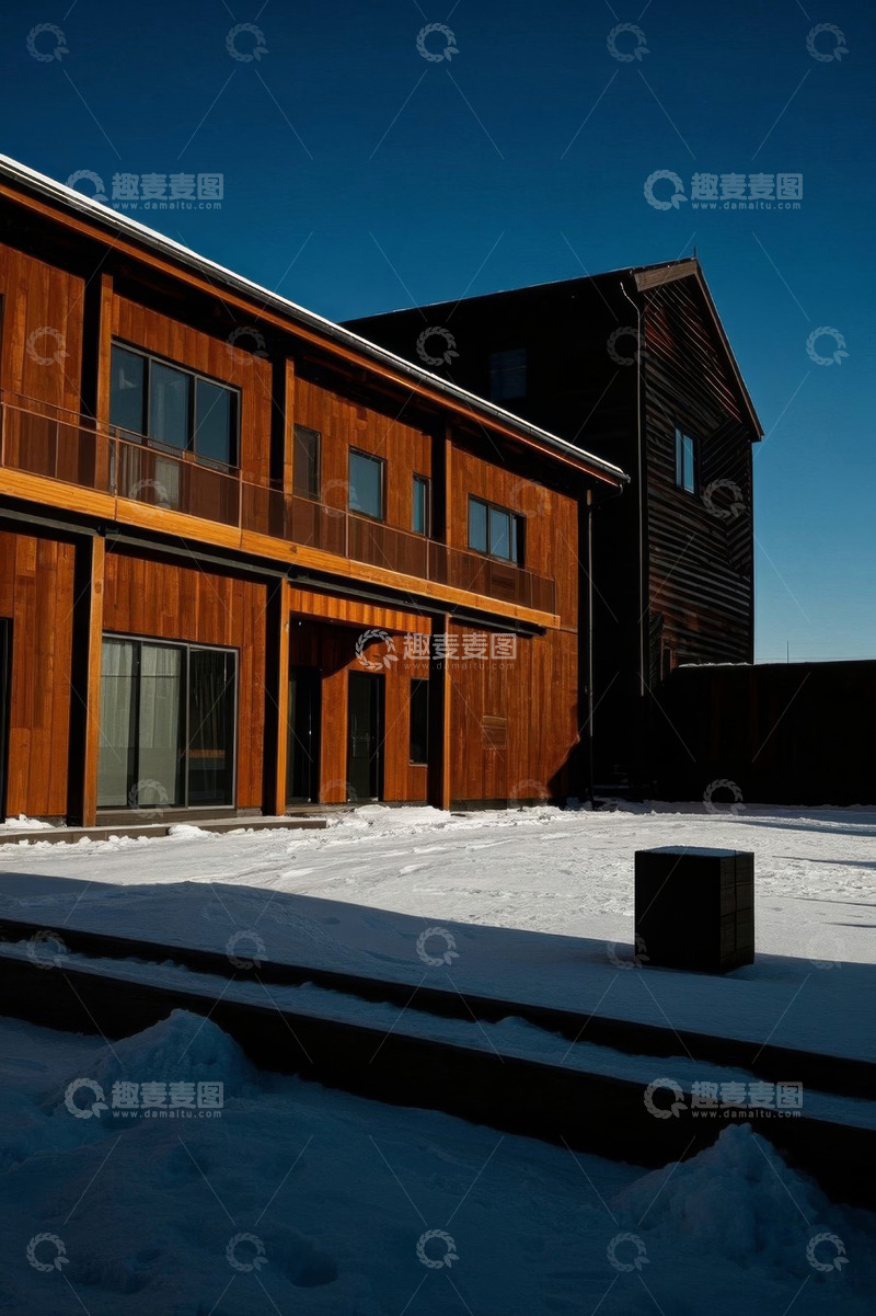 高清大图下载【趣麦麦图】雪地中的现代木质住宅建筑