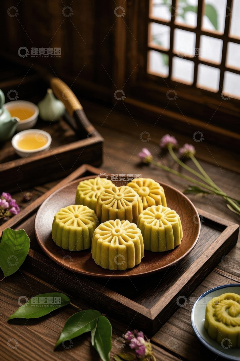 高清大图下载【趣麦麦图】中式茶点月饼与茶具场景