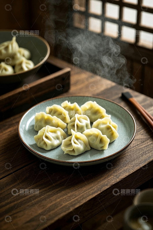中式餐桌上热气腾腾的饺子