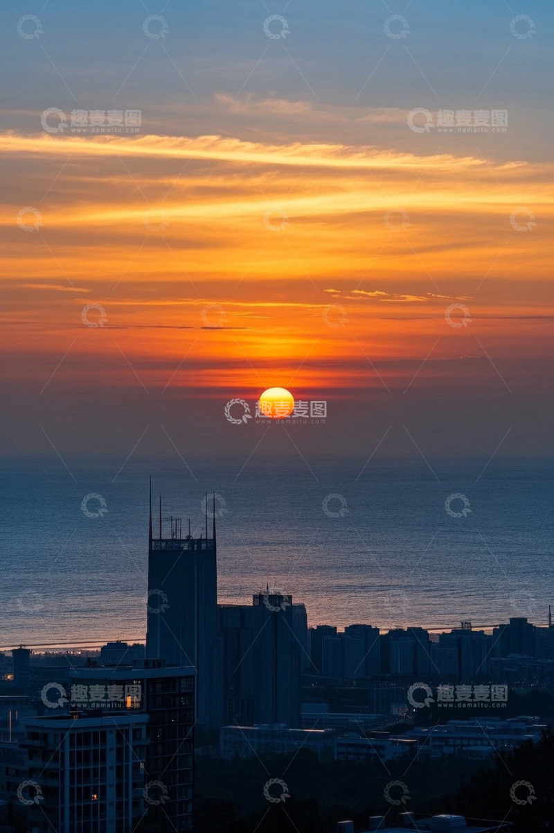 高清大图下载【趣麦麦图】城市日落海景天际线