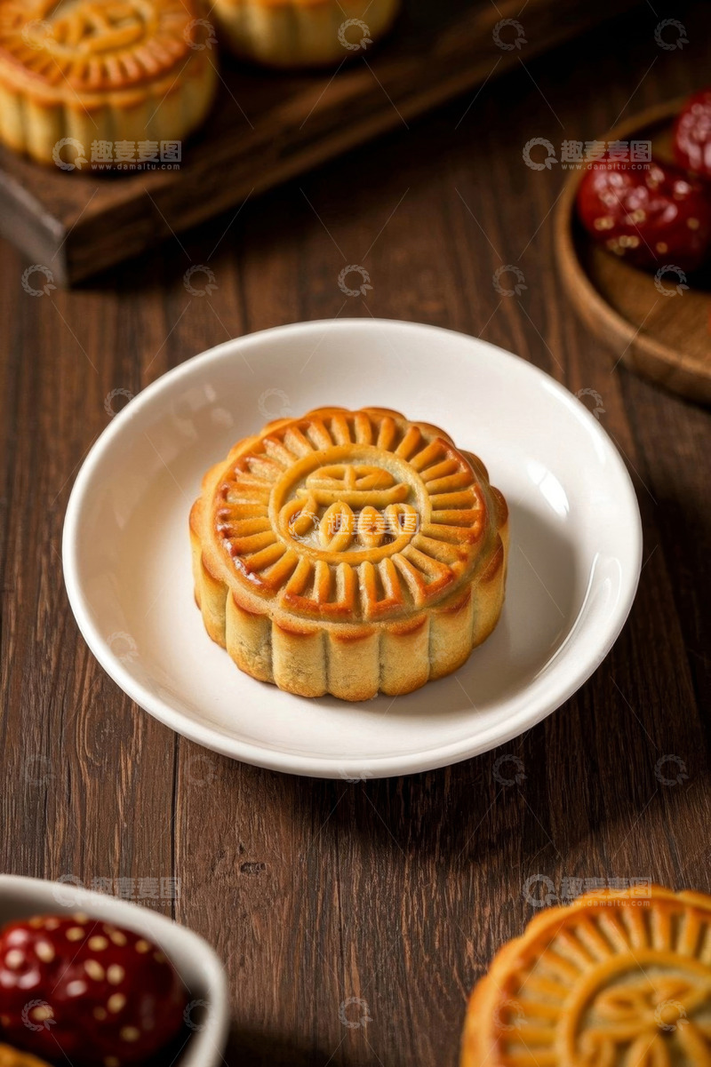 高清大图下载【趣麦麦图】中式月饼摆放在木桌上