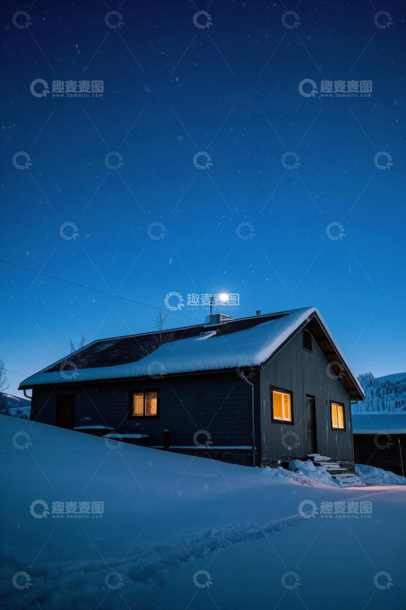 高清大图下载【趣麦麦图】雪夜中的温馨小屋