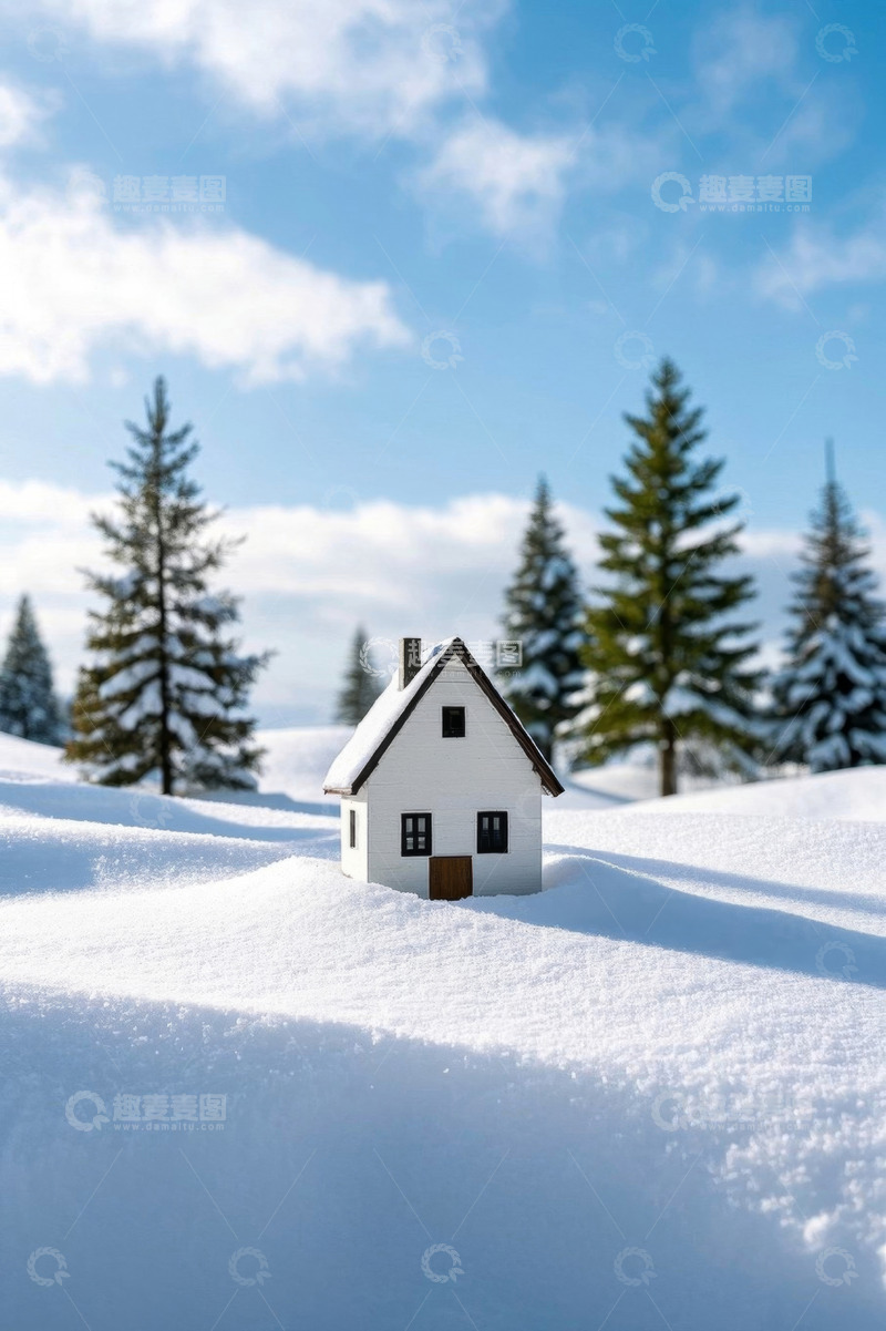 高清大图下载【趣麦麦图】雪地上的小房子与松树景观