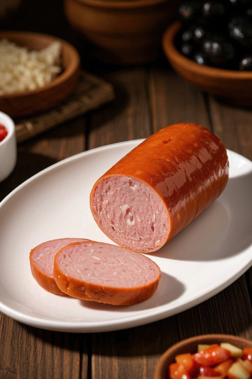 木桌上白盘里的切片香肠