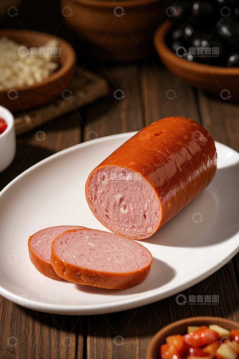 高清大图下载【趣麦麦图】-木桌上白盘里的切片香肠