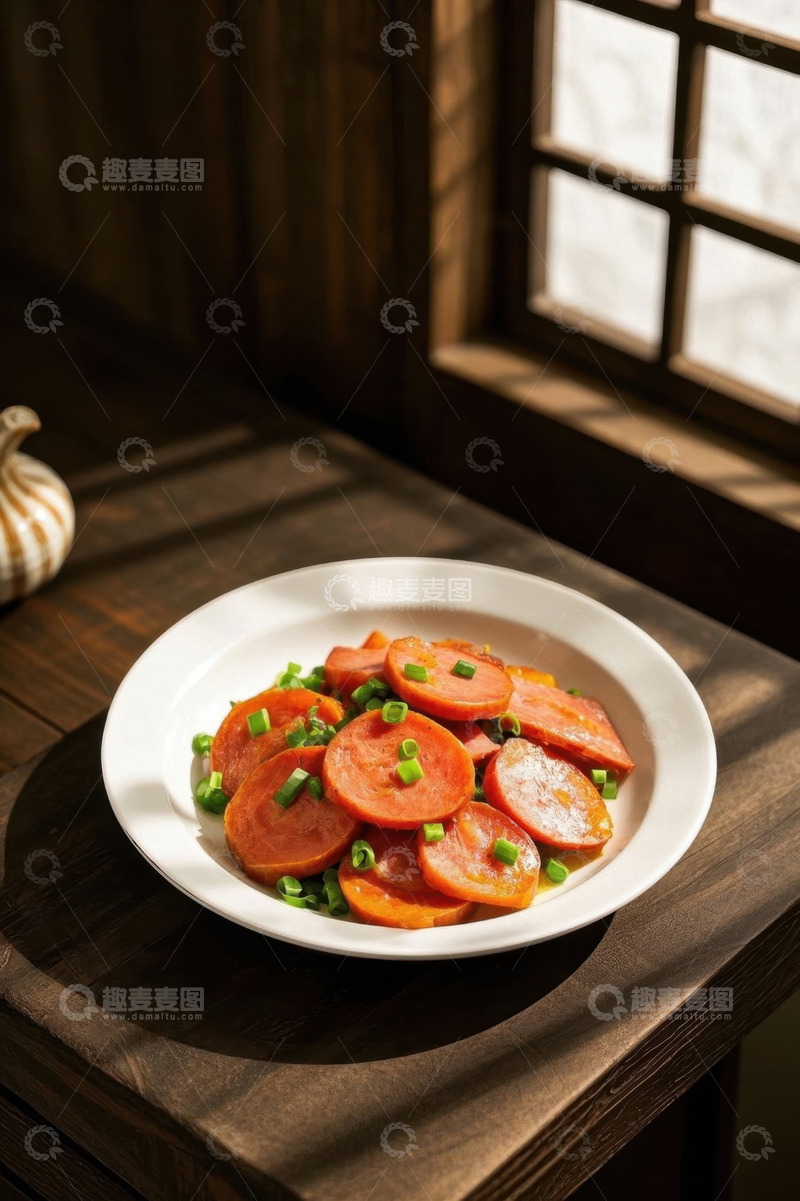 高清大图下载【趣麦麦图】木桌白盘上的胡萝卜片菜肴