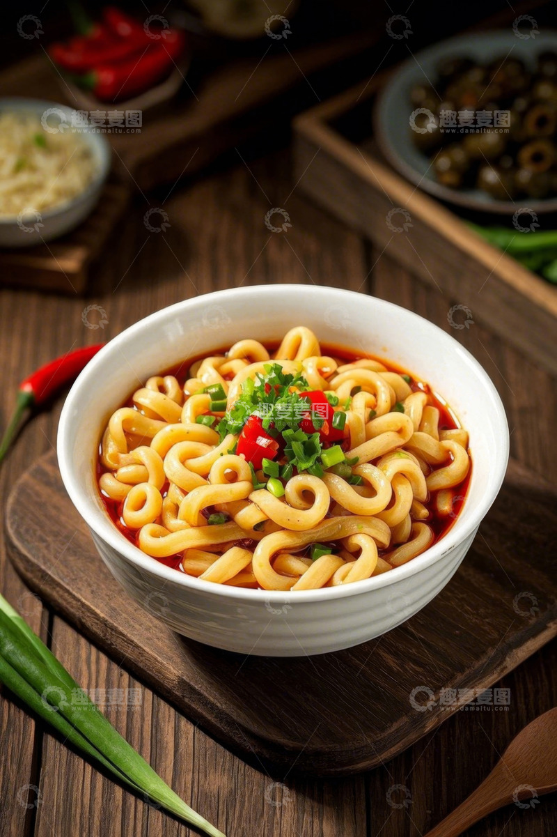 高清大图下载【趣麦麦图】木盘上的一碗红油面条