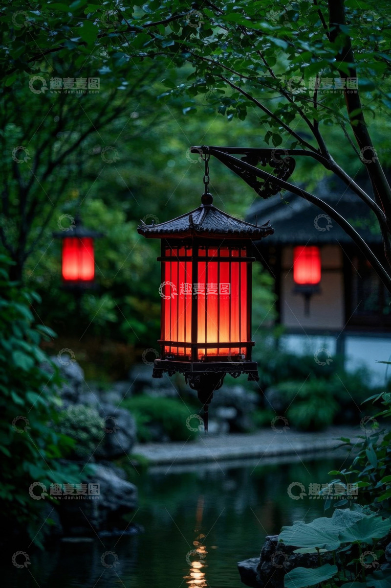 高清大图下载【趣麦麦图】中式园林中悬挂的红色灯笼
