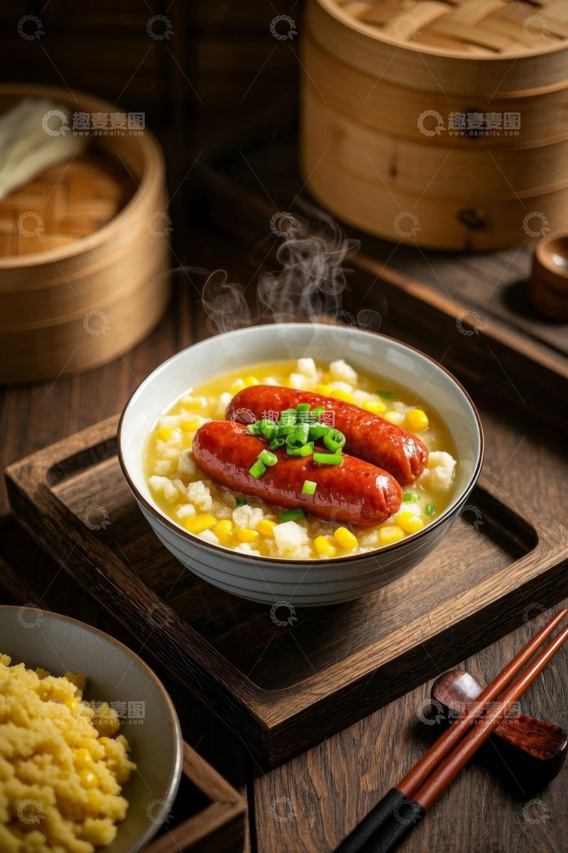 高清大图下载【趣麦麦图】木盘上的香肠玉米粥美食
