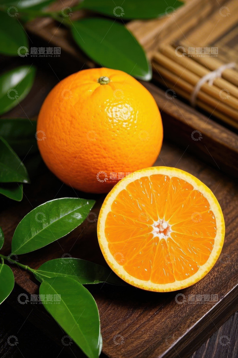 高清大图下载【趣麦麦图】木盘上的柑橘及切片特写