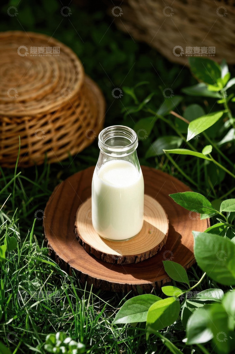 高清大图下载【趣麦麦图】草地上瓶装牛奶静物画面
