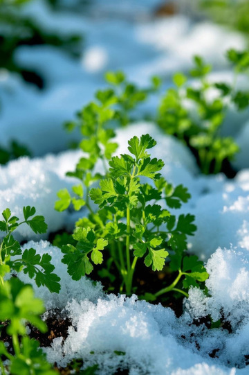 雪覆盖下的绿色植物特写