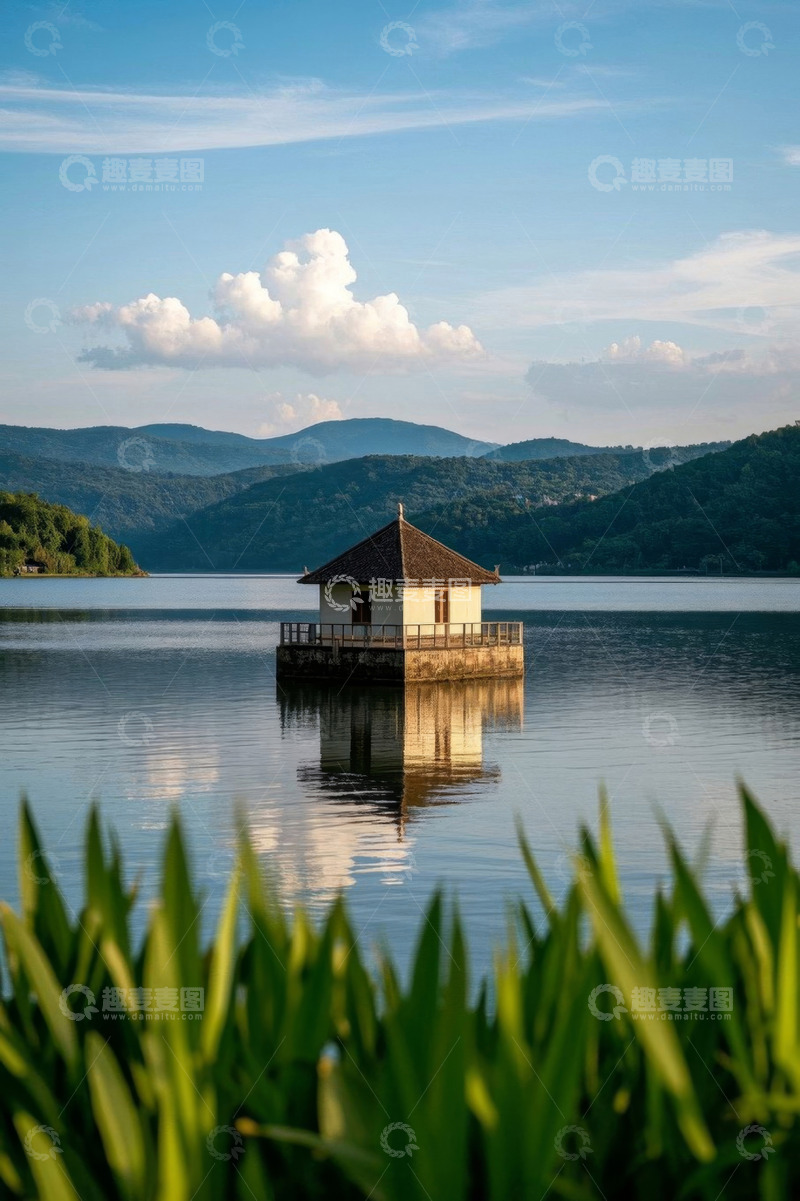 高清大图下载【趣麦麦图】湖中小屋与山水风光