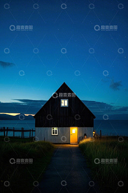 夜晚海边小屋星空景象