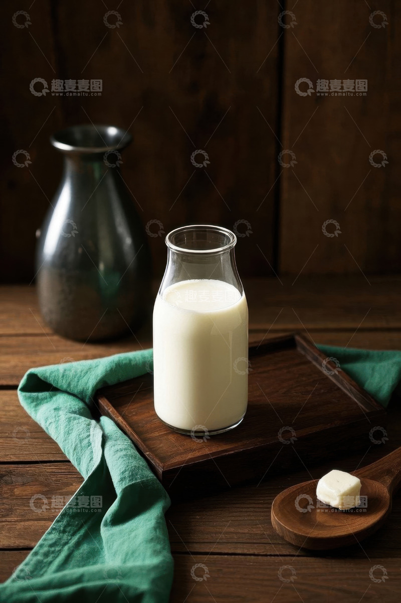 高清大图下载【趣麦麦图】木质背景玻璃瓶装牛奶静物