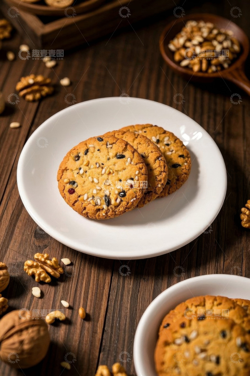 高清大图下载【趣麦麦图】木桌上摆放的坚果饼干